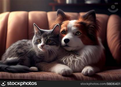cute fluffy lovely happy cat and dog lies together. Illustration AI Generative 