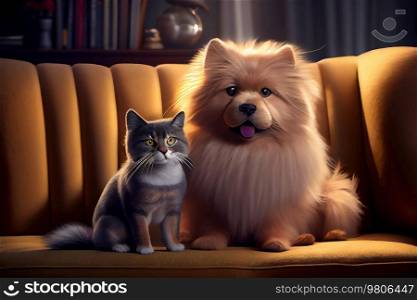cute fluffy lovely happy cat and dog lies together. Illustration AI Generative 