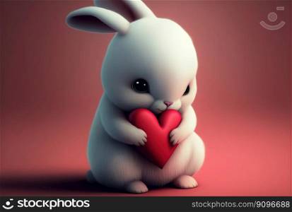 Cute fluffy rabbit hugging red heart. Valentine’s Day greetings from romantic bunny holding heart. Generative AI Cute fluffy rabbit hugging red heart. Valentine’s Day greetings from romantic bunny holding heart. Generative AI. Cute fluffy rabbit hugging red heart. Valentine’s Day greetings from romantic bunny holding heart. Generative AI.