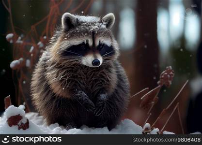 cute fluffy raccoon in snow winter. Illustration AI Generative 
