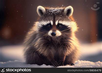 cute fluffy raccoon in snow winter. Illustration AI Generative 