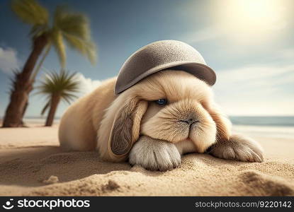 Cute fluffy white-gray rabbit in a cap on the beach near the ocean on vacation. Realistic detailed fur. Blurred background with palm trees and ocean. AI generated.. Cute fluffy white-gray rabbit in a cap on the beach near the ocean on vacation. AI generated.