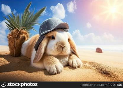 Cute fluffy white-gray rabbit in a cap on the beach near the ocean on vacation. Realistic detailed fur. Blurred background with palm trees and ocean. AI generated.. Cute fluffy white-gray rabbit in a cap on the beach near the ocean on vacation. AI generated.