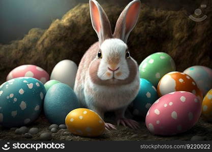 Cute fluffy white rabbit among Easter colorful eggs. Painted handmade eggs for Easter. AI generated.. Cute fluffy white rabbit among easter multi-colored chicken eggs. AI generated.