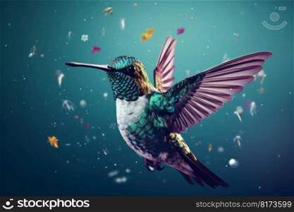 Cute flying hummingbird. Colorful feather. Generate Ai. Cute flying hummingbird. Generate Ai