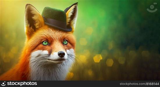 Cute fox wearing green hat celebrating Saint Patrick Day on a blurred background. Generative AI