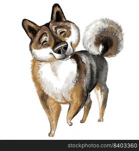 Cute funny cartoon dog character. Shikoku dog breed raster illustration isolatwd on white background. For print, design, sublimation, stickers, t shirt and clothes design, decor and postcards. Cute Shikoku dog character funny cartoon illustration