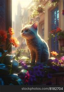 Cute funny cat cartoon looking trough window in appartment, in the city morning light. surrounded by colorful flowers Pet concept generative AI. Cute Funny cat cartoon looking trough window in appartment, in the city morning light. surrounded by colorful flowers Pet concept