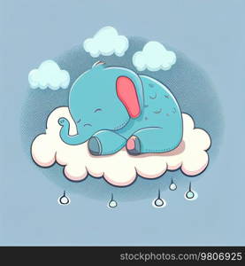 Cute Funny Elephant Sleeping on Clouds. Illustration AI Generative