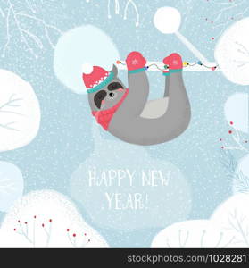 Cute Funny Sloth in Knitted Hat and Scarf Sleep Hanging on Tree Branch on Winter Snowy Background, Happy New Year Greeting Card. Kawaii Animal Xmas Fun Cartoon Flat Vector Scandinavian Illustration. New Year Sloth in Knitted Hat and Scarf Sleep