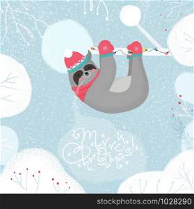 Cute Funny Sloth in Knitted Hat and Scarf Sleep Hanging on Tree Branch on Winter Snowy Background, Merry Christmas Greeting Card. Kawaii Animal Xmas Fun Cartoon Flat Vector Scandinavian Illustration. Merry Christmas Greeting Card with Sloth on Tree