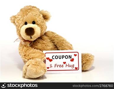 Cute furry brown teddy bear sitting and holding a coupon for one free hug isolated on white background with copy space.