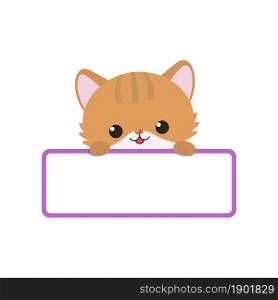 Cute ginger kawaii cat holding blank card isolated on white background. Cartoon flat style. Vector illustration