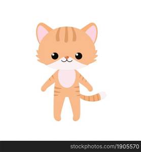 Cute ginger kawaii cat stands isolated on white background