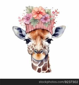 Cute giraffe in hat with flower. Watercolor.  Illustration Generative AI
