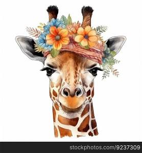 Cute giraffe in hat with flower. Watercolor.  Illustration Generative AI
