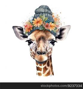 Cute giraffe in hat with flower. Watercolor.  Illustration Generative AI 