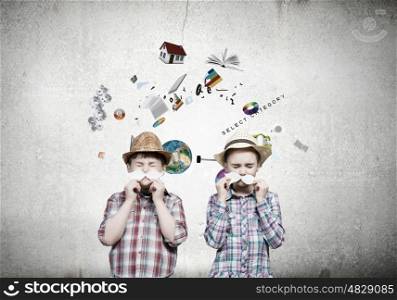 Cute girl and boy wearing shirt hat and mustache. Elements of this image are furnished by NASA. Kids having fun