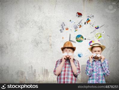 Cute girl and boy wearing shirt hat and mustache. Elements of this image are furnished by NASA. Kids having fun