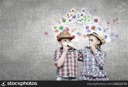Cute girl and boy wearing shirt hat and mustache. Kids having fun