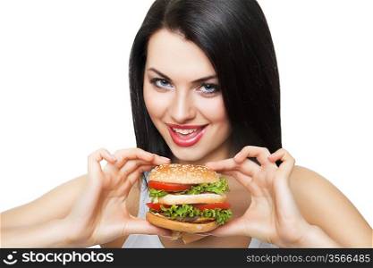 cute girl and hamburger on white background