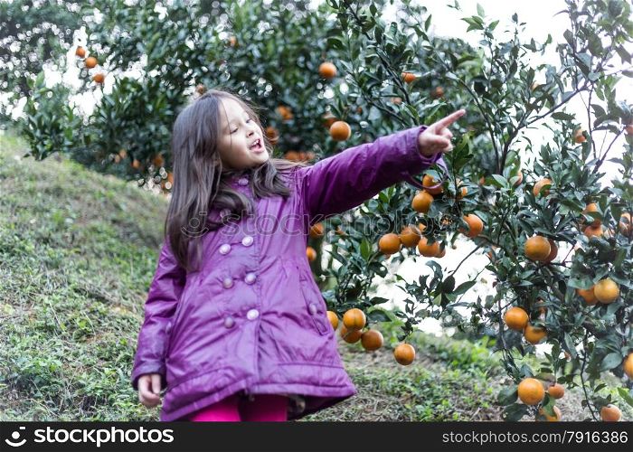 Cute girl at orange farm pointing
