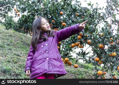Cute girl at orange farm pointing