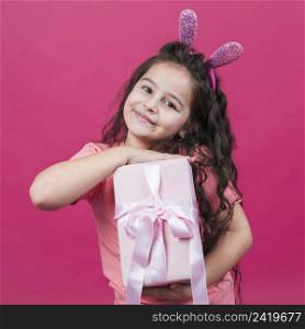 cute girl bunny ears with gift box
