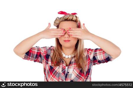 Cute girl covering her eyes in pinup style isolated on a white background