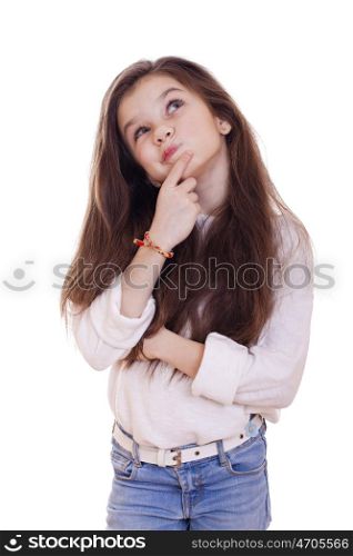 Cute girl deep in thought looking away, isolated on white background
