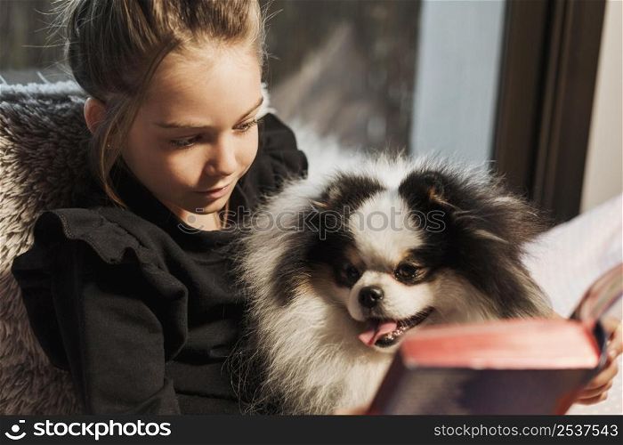 cute girl dog reading