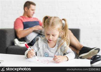 cute girl drawing sketch with marker home