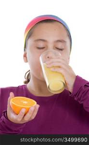 Cute girl drinking a juice of orange on a over white background
