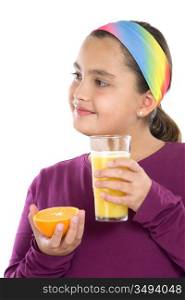 Cute girl drinking juice of oranges a over white background
