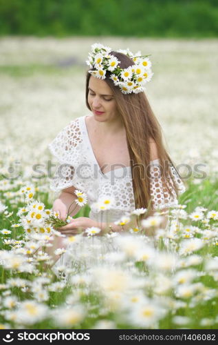 Cute girl in camomile meadow. Beautiful outdoor portrait scene.