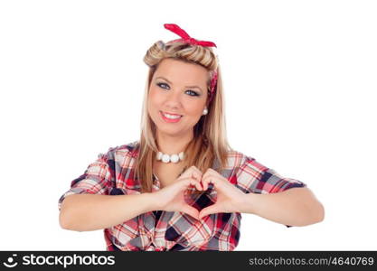 Cute girl in love with pinup style isolated on a white background