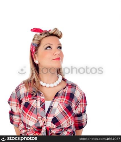Cute girl looking up in pinup style isolated on a white background