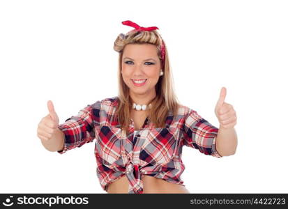 Cute girl saying Ok in pinup style isolated on a white background