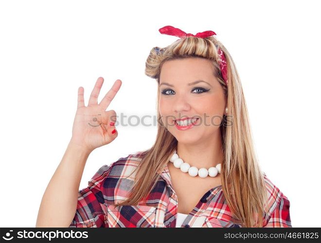 Cute girl saying Ok in pinup style isolated on a white background