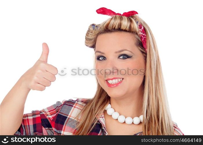 Cute girl saying Ok in pinup style isolated on a white background