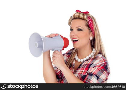 Cute girl shouting by megaphone in pinup style isolated on a white background