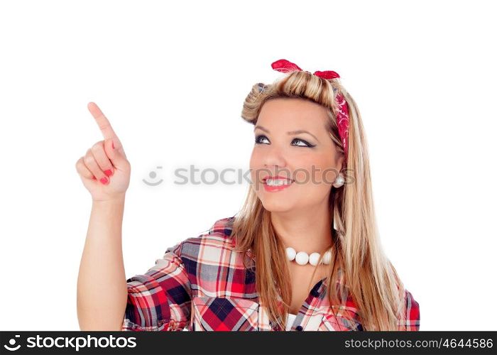 Cute girl touching something with her finger in pinup style isolated on a white background