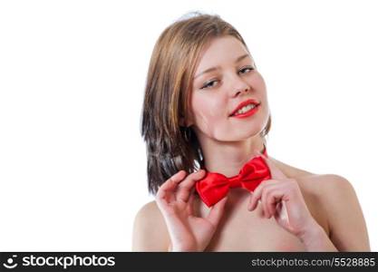 cute girl weared red bow tie only isolated on white background. Head and shoulders shot