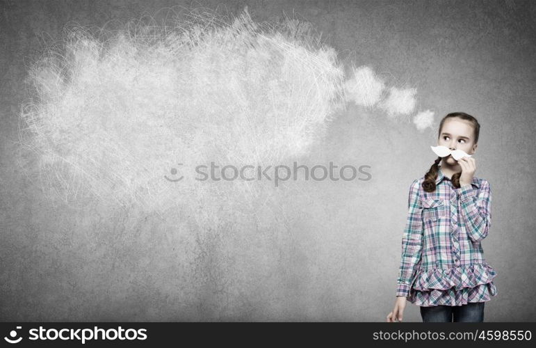 Cute girl wearing shirt hat and mustache. Kid having fun