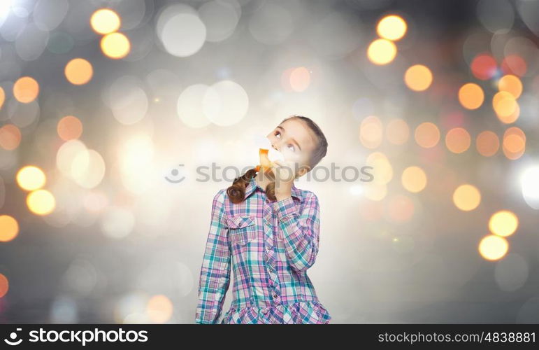 Cute girl wearing shirt hat and mustache. Kid having fun