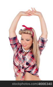 Cute girl with arms up in pinup style isolated on a white background