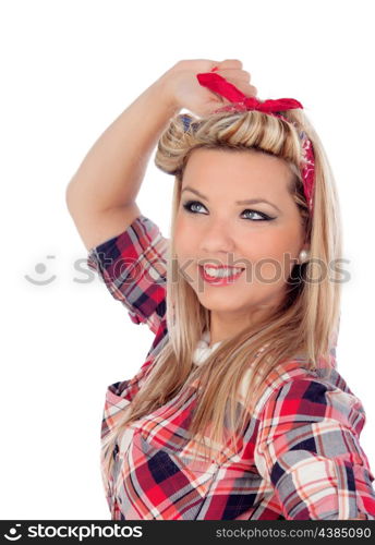 Cute girl with blue eyes in pinup style isolated on a white background