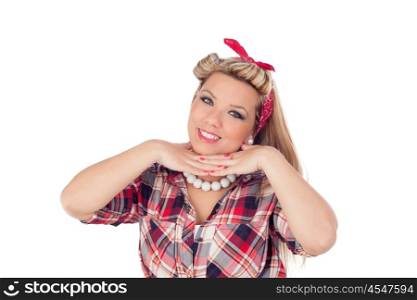 Cute girl with blue eyes in pinup style isolated on a white background