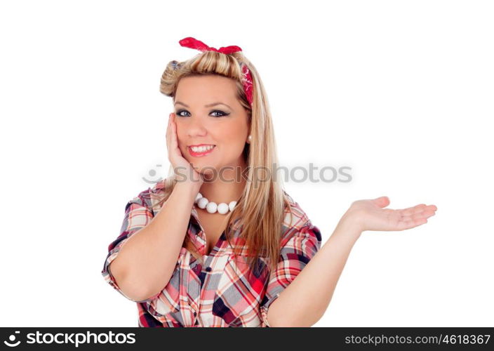 Cute girl with blue eyes in pinup style isolated on a white background