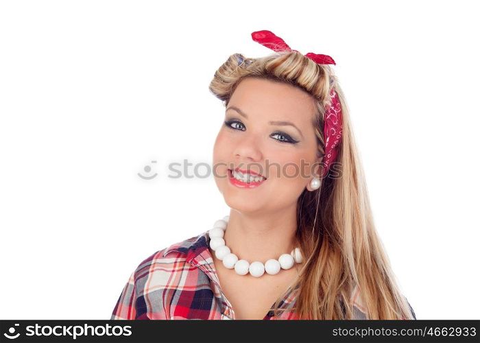 Cute girl with blue eyes in pinup style isolated on a white background